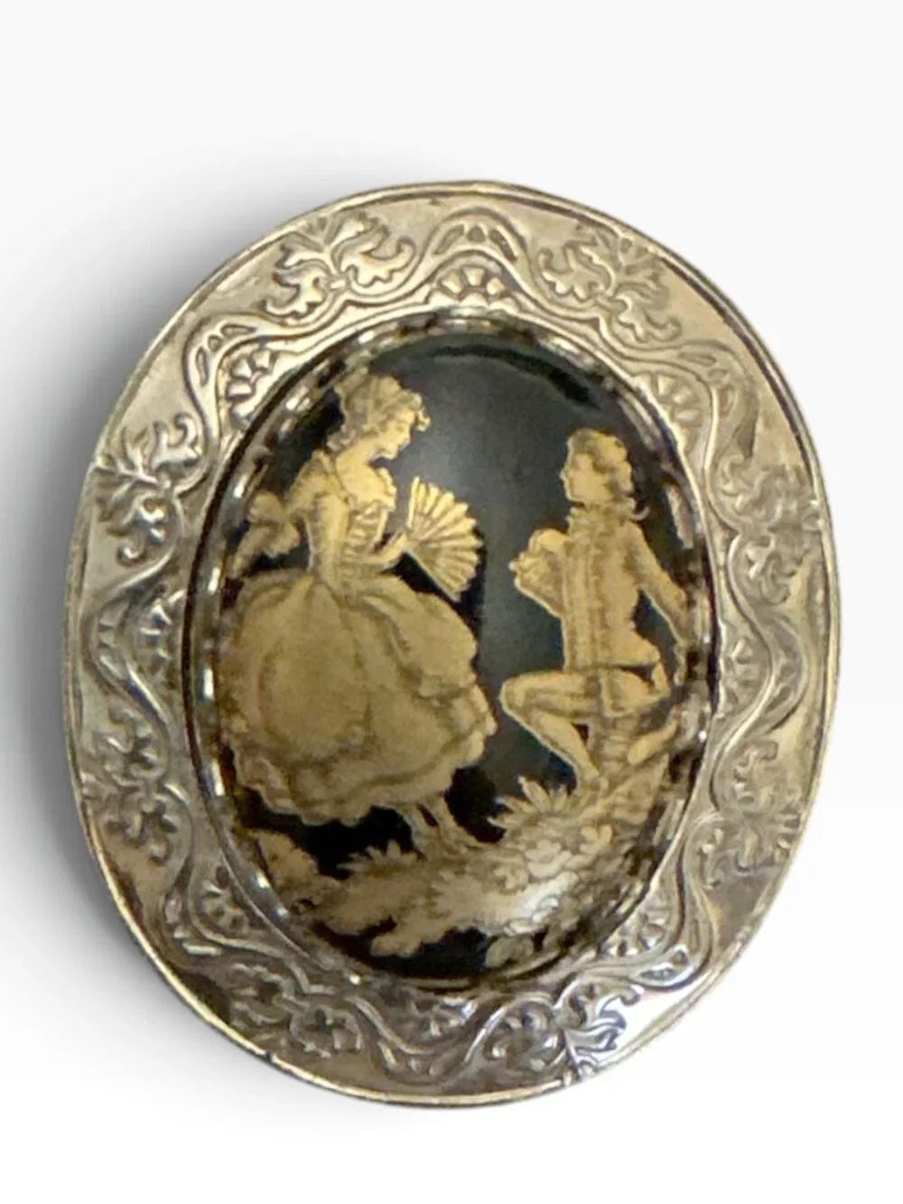 Vintage Limoges Brooch Lot 2 Courting Couple Porcelain Glass Cabochon Pins